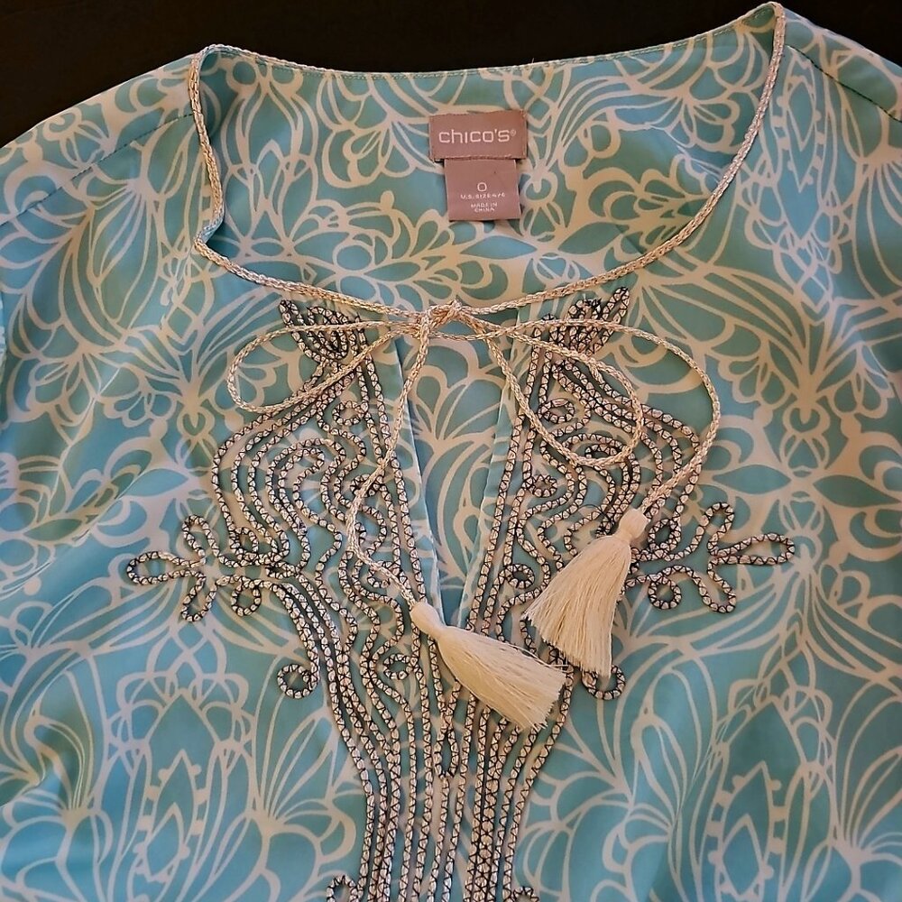 Chico's Blouse Size 0, Top Split neck long sleeves tunic style aqua blue blouse
